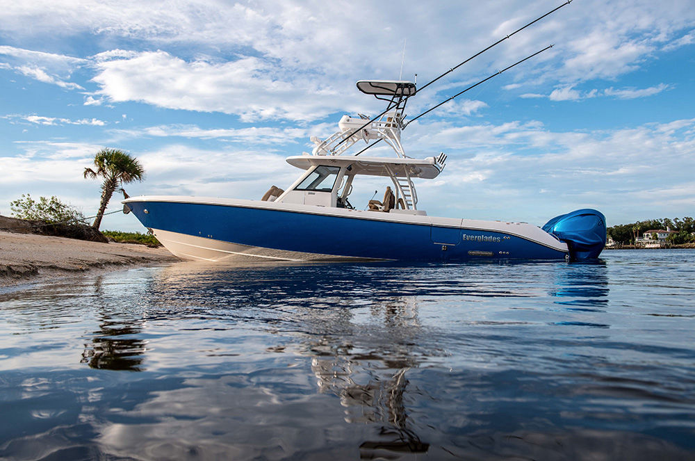 Everglades 395cc fishing in the Arabian Gulf during sunset.